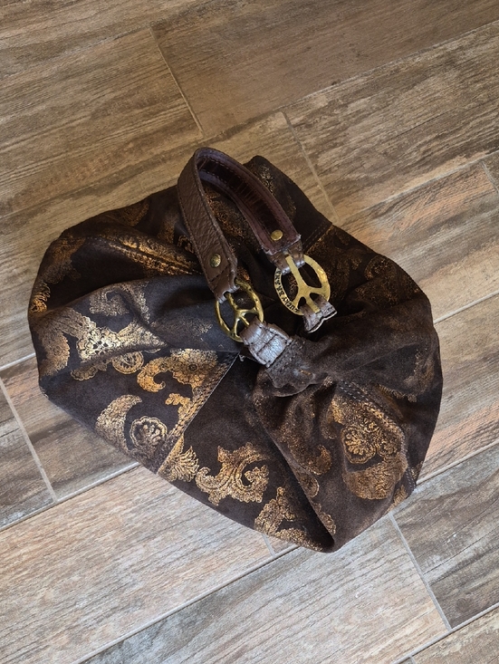 Lucky Brand Handbags - Lucky Brand Brown Suede & Gold Foilage Pleated Detail Bohemian Hobo Shoulder Bag